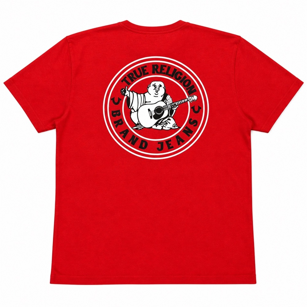 True Religion Tee Mens 2XL Red Buddha Logo Graphic Back Print Shirt